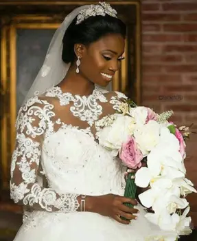 Afriške Dolge Rokave Poročne Obleke Čipke Aplicirano Poročne Žogo Halje Velikosti Po Meri 2020 Poročne Obleke