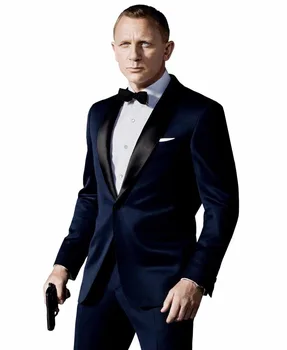 Novega Ženina Tuxedos Mans Prom Obleke, Poročna Obleka Za Moške Najboljši Človek Tuxedos Slim Fit Mornarsko Modra Nazaj Vent (Suknjič+Hlače+Lok kravato)