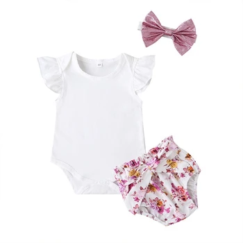 Nov baby dekle kompleti oblačil poletje bela baby dekle romper s cvetličnim krilo +roza trakovi dekle oblačila, ki