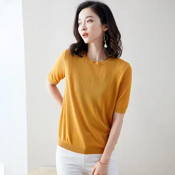Women's solid color round neck casual short sleeve knitted T-shirt
