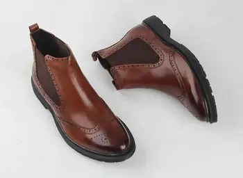 Škornji, čevlji za moške zdrsne na visoki vrh priložnostne čevlji elastični trak vklesan brogue čevlji pokazal prste rjavo obleko, stanovanje, obleka, čevlji