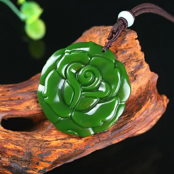 Rose Cvet Green Jade Obesek Kitajski Ogrlica Ročno Izrezljane Naravnih Čar Nakit Amulet Modne Dodatke za Moške, Ženske, Darila