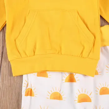 2020 Jesen Pomlad Dojencek Dekliška Oblačila Sklop Otrok Long Sleeve Solid Color Kapičastih Pulover + Elastični Pas Sonce Tiskanja Hlače 0-4T