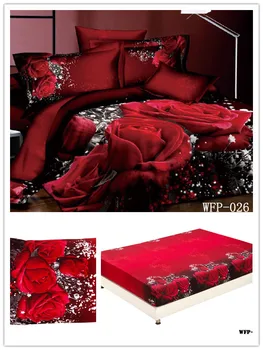 (3-7 kos) Organski Bombaž 3D črno in rdeče, rose kralj posteljnina določa rjuhe kritje king size edredon roupa cama de posteljno perilo