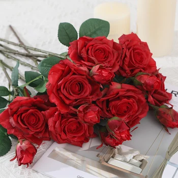 Moda Lepa Peony Umetne Vrtnice Cvetovi Poročni Dekoracijo, Svileno Cvetje Šopek Belih Peony Rdeče Rose Ponaredek Cvetje
