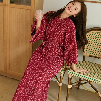Kimono Plašč Halje za Ženske Pomlad Jesen Novo Čipke Nightgown Cvetlični Bombaž Dolg Rokav Pižamo Japonski Svoboden Home Service Set
