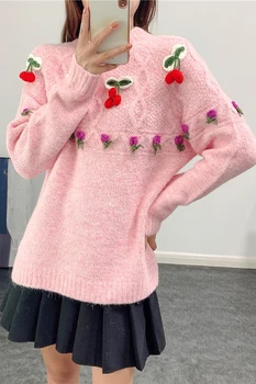 Cherry starosti zmanjša ohlapno roza in ponudbe pulover, stari priročnik tri-dimenzionalni kavljem cvet Puloverju konoplje pulover