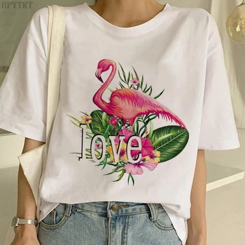 Moda Flamingo Ljubezen Tisk T-shirt Harajuku Ženske velikosti Vrhovi Tshirt Poletje Priložnostne Kratka sleeved Bela majica s kratkimi rokavi Ženske