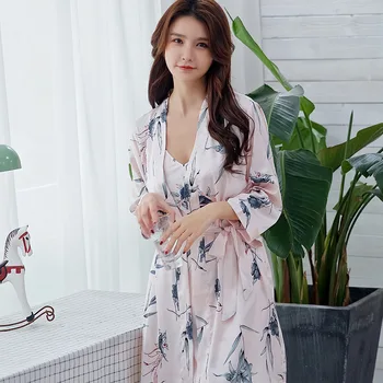 2 Kos Ženske Nightgown Bo Ustrezala Seksi More Rajon Tiskanje Cvetlični Svileno Haljo Poletje Priložnostne Kopalni Plašč Japonski Korejski Slog Homewear