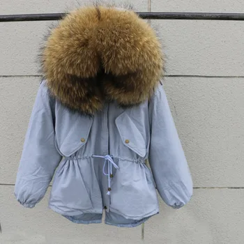 Velika rakun krzno ovratnik Zimsko jakno 2019 Modna Ženska Debela Toplo Parka Outwear vojske zelena Hooded Suknjič