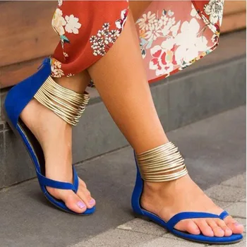 Ženske 2019 Poletje Priložnostne Ravno Sandali Plus Velikost Flip Flops Ženski Jate Kovinski Okras Zadrgo Gleženj Zaviti Čevlji čevlji za Prosti čas
