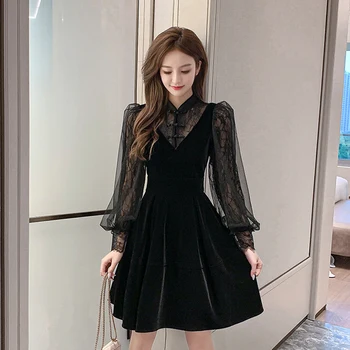 Črna Pomlad Poletje 2021 Novo Čipke Eleganten Pas Elegantne Retro korejski Modni Stil Long Sleeve Žamet Ženske noše Harajuku