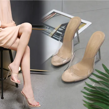 Nove Ženske Copate 2020 Moda Visoko Peto 11,5 CM Ženske Priložnostne Čevlji Mul PVC Prozorni Čevlji Jasno Open Toe Plus Velikost 34-40