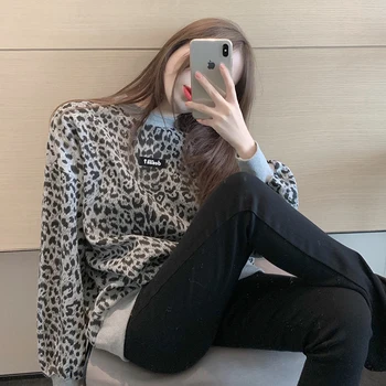 2020 nov slog dolgimi rokavi, okoli vratu leopard tiskanja pulover puloverju pulover ženske, modni leopard tiskanja pulover ženske