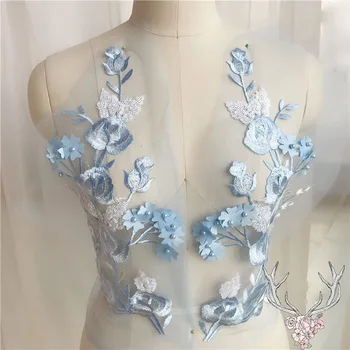 Beaded 3D Modro Cvetje Vezenje Obliž Kostum Za Poročno Obleko Oblačila Sew Na Obliži Cvetlični Čipke Tkanine Aplicirano