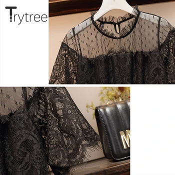 Trytree 2020 Poletje Ženske obleke, Casual O-vratu A-line Čipke Mozaik Očesa Temperament Črna Moda Kolena-Dolžina Urad Dama Obleko