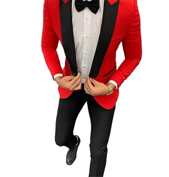2020 Nove Rdeče Moške Poročne Obleke Ženina Maturantski Tuxedos Prosti čas Vrha River Ravno Dva Kosa Obleke (Blazer +Hlače)