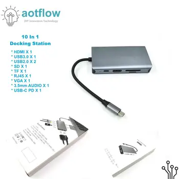 10 V 1 USb Tip C HUB Razdelilnik S 4K HDMI VGA priključek RJ45 PD USB 3.0, 3.5 mm Jack SD TF Card Reader Hitri Polnilnik Dock Za MacBook