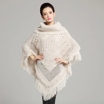 Jeseni, pozimi novo turtleneck tassel pleteni pulover krzno poncho ženske priložnostne moda puloverji in puloverji modna jopica