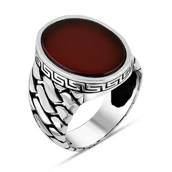 925 Sterling Srebro Moški Prstan z Burgundi Ovalne Agate Kamen Moda turški Premium Kakovosti Ročno Jawelery