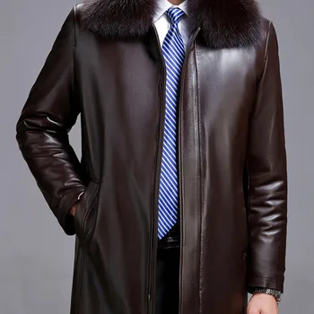 Pravi lisica krzno ovratnik visoko kakovost naravnega mink krzno linijskih zimske jakne moških dolgo slog umetno usnje, usnjeni plašči vrhnja oblačila 2018 jeseni
