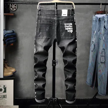 Modni jeans moške luknjo črne elastične hlače tiskanje temno vitek noge moške hlače raztrgane kavbojke za moške plus velikost