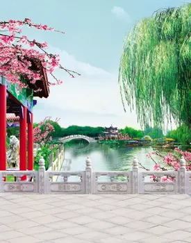 5x7ft Kitajske Tradicionalne Stavbe Cvetje, Reko, Drevo Fotografija Kulise Photo Rešitve Studio Ozadju
