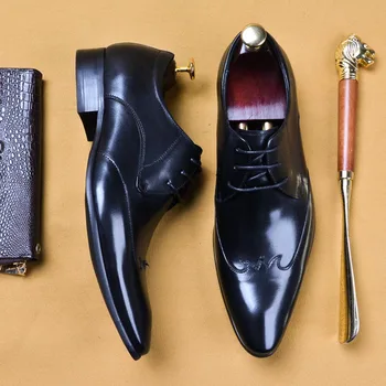 Britanski Stil Rjava Črna Konicami Prstov Poslovno Obleko Poročni Čevlji Pravega Usnja, Oxford Formalni Družbeni Čevlji Za Moške A107