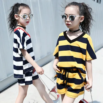Moda Za Dekleta Oblačila Sklop 2020 Poletje Otroci Prugasta T-Majice In Hlače Vzročno 2 Kosa Obleko Za Velike Dekle 110-160 Dwq726