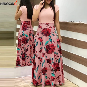 Ženske Modne Cvjetnim Tiskanja Poletni Mozaik Maxi Obleko 2020 Priložnostne Kratek Rokav Vintage Boho Plaži Dolgo Obleko Vestidos - 