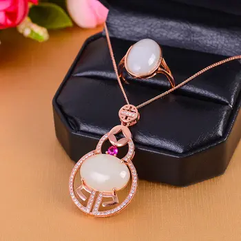 KJJEAXCMY boutique draguljev 925 čistega srebra vdelan z naravno bela jade celuloza obroči obesek 2 obleko ogrlice - 