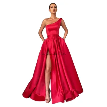 Rdeča Elegantno Dolgo Prom Obleke 2020 Eno-Ramo Strani Split Maturantski Halje Saten A-line Večer Stranka Obleke Z Žepi - 