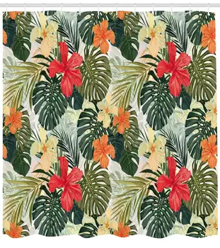 Hawaiian Poletje Tropski Otok Vegetacije Listi z Cvetov hibiskusa Tkanine, Kopalnica Dekor Nastavite Zeleno, Oranžno in Rumeno - 