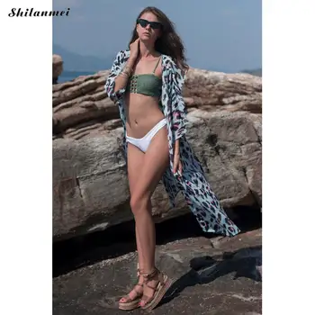 2020 Novo Leopard Plaža Obleko Ženske 3/4 Ruffles Rokav Šifon Plaži Kopalke Boho Poletje Dolge Obleke Za Ženske Seksi Vestidos - 