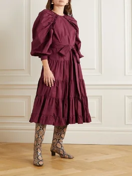Velike blagovne znamke, ki pozimi dame retro eleganten lok vozel nabrano obleko 2020New žensk dolgo sleeved ruffles moda stranka Božič obleko - 