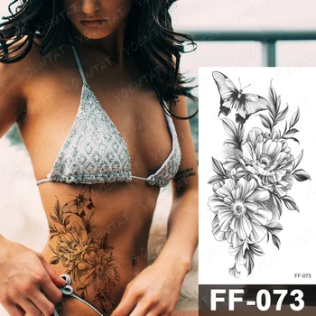 Nepremočljiva Začasni Tattoo Nalepke Peony Rose Cvet Ptice Flash Tetovaže Ženski Črni Minimalističen Pristop Body Art Ponaredek Tatto Moški - 
