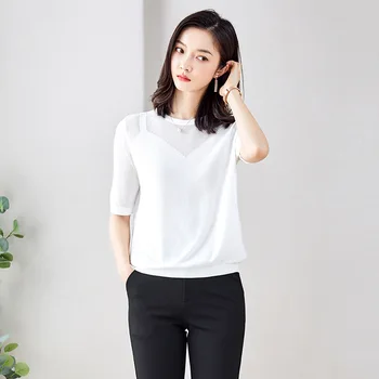 Women's solid color round neck casual short sleeve knitted T-shirt - 
