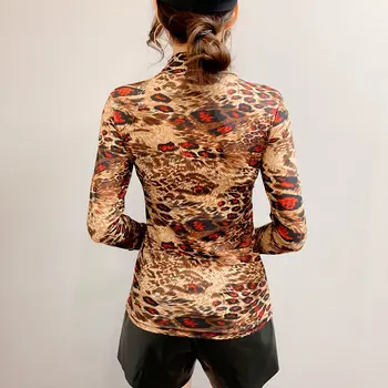 Bluzo Ženske Jeseni, Pozimi Vezene Čipke Leopard majica s kratkimi rokavi Ženske Seksi Top Blusas Mujer De Moda - 