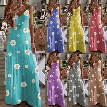 Sexy Womens Dress 2020 Summer Casual Spaghetti Strap V-neck Loose Maix Long Dress Fashion Boho Print Party Dresses Plus Size 5XL - 