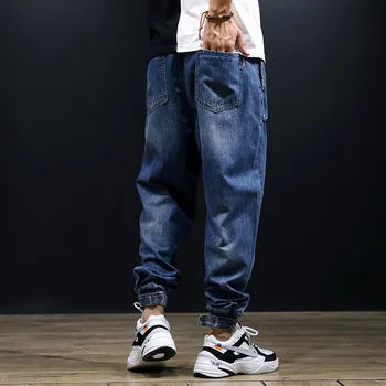 Moda Za Moške Vrečasta Jeans Modra Barva Ohlapno Fit Multi-Žepi Tovora Hlače Parafinski Dnu Harem Hlače Hip Hop Jogger Kavbojke Homme - 