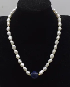 Sladkovodne pearl beli barok in lapis krog 16 mm ogrlica 17inch FPPJ debelo biseri narave - 