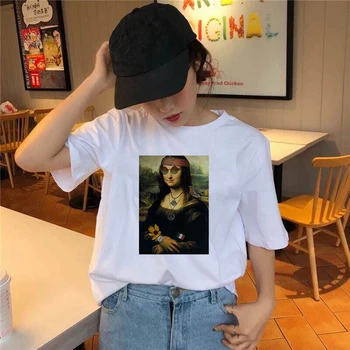 Ženske estetike smešno Tshirts Priložnostne Kratkimi Vrhovi Ženski streetclothing poletje humoreska Mona Lisa Tiskanje Majice - 