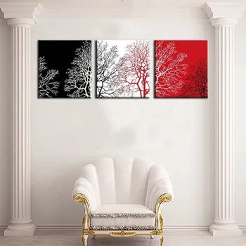 POP Moderno stensko Ni Okvir črne in wihte rdeče dreves Oljnih Slik na Platnu 3 kos doma Dekoracijo Wall Art Barve za sobi - 