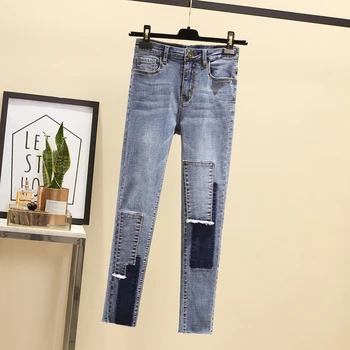 Jeans za Ženske Modni Mozaik Visok pas, Jeans Svoboden Plus velikost 4XL Priložnostne Oprati Stretch Kavbojke Ženskega Jeansa Svinčnik Hlače - 