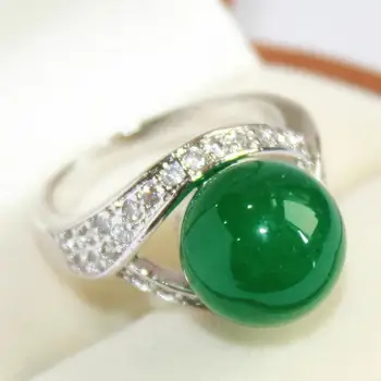 Elegantna dama je posrebreni s kristali okrašene &12 mm green jade obroč(#7 8 9 10) - 