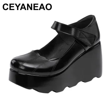 CEYANEAO 2020 jeseni usnja ženske platforma čevlji z visokimi petami krog nogi gleženj trak črno ženske črpalke big 35-43 velikost - 