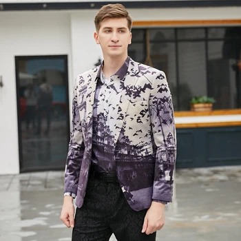 2019 Nov Prihod Evropski Stil Moških Prosti čas Blazerji Moda Priložnostne Žametne Tkanine, Tiskanje, Vzorec Moške Slim Jopič Ustreza M-4XL - 