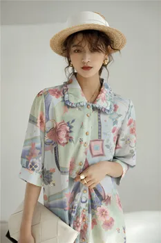 Letnik Poletni Shirt Obleko Ženske 2020 Cvjetnim Tiskanja Peter Pan Ovratnik Gumb Gor Mini Obleke Japonski Slog T622 - 