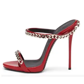 Zapatos mujer visoke pete sandala duševno verige dekoracijo open toe super visoke tanke pete ženske rdeča črna bela petah copate - 
