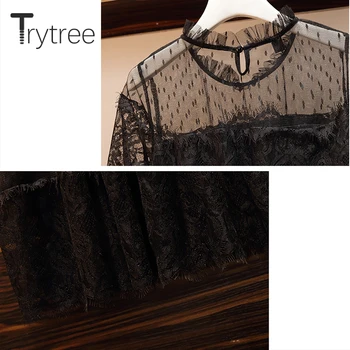 Trytree 2020 Poletje Ženske obleke, Casual O-vratu A-line Čipke Mozaik Očesa Temperament Črna Moda Kolena-Dolžina Urad Dama Obleko - 